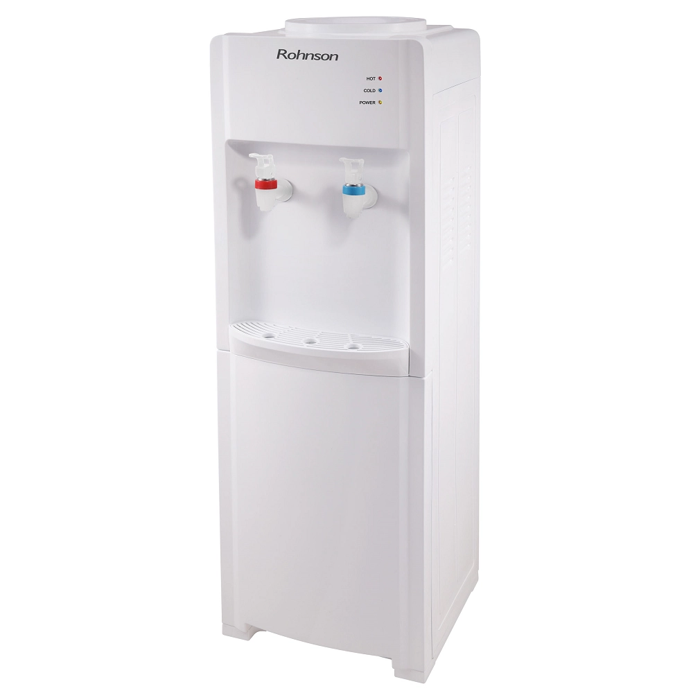 Компресорен диспенсър за вода Rohnson R-9708, 550 W/80 W, Охлаждане 2 L./h, Затопляне 5 L./h, Бял, (16720): Диспенсър за вода под ъгъл