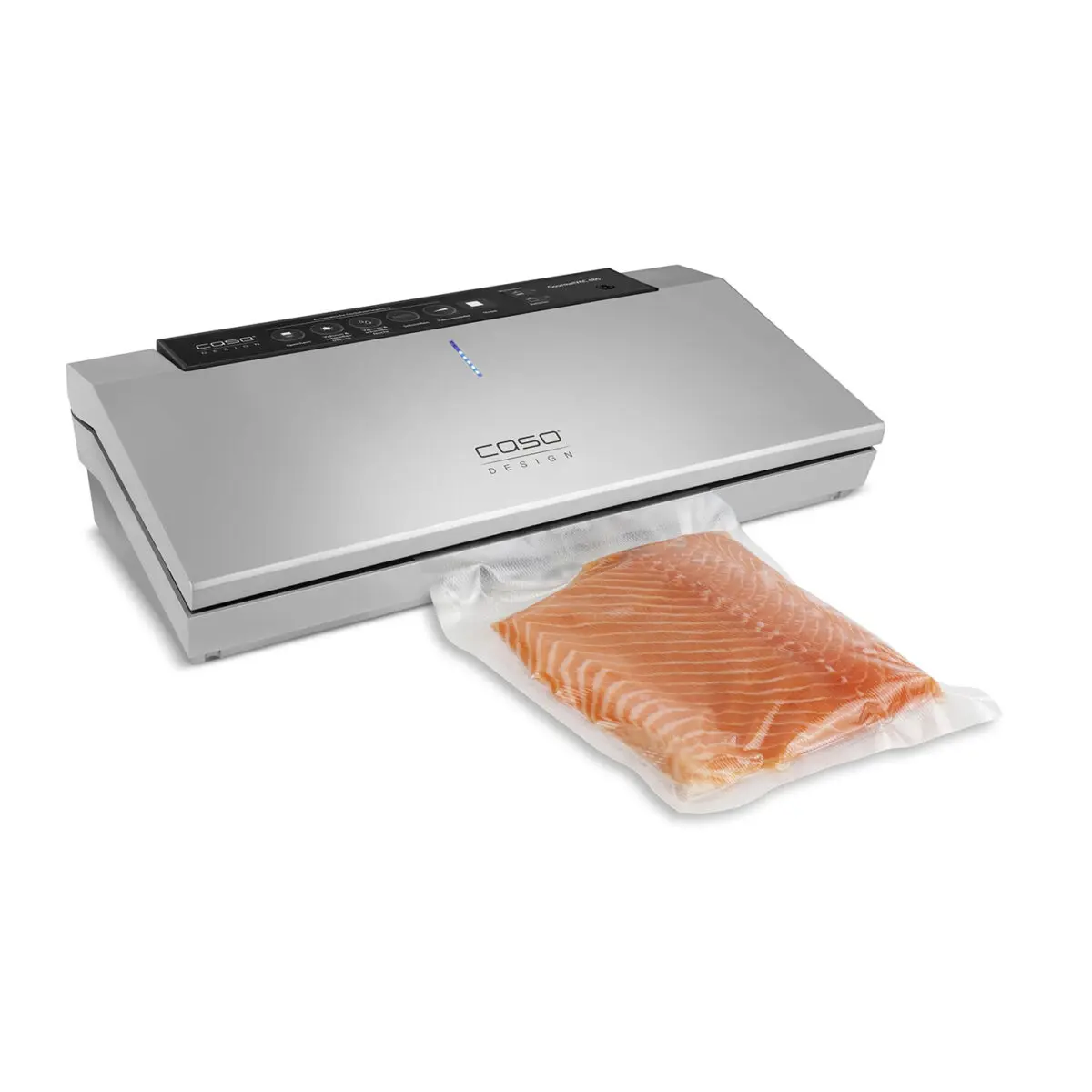 Машина за вакуумиране CASO GourmetVAC 480, Двойно запечатване, Вграден нож, 160 W, 20 л/мин, (19298): Уред с пакетирана сьомга