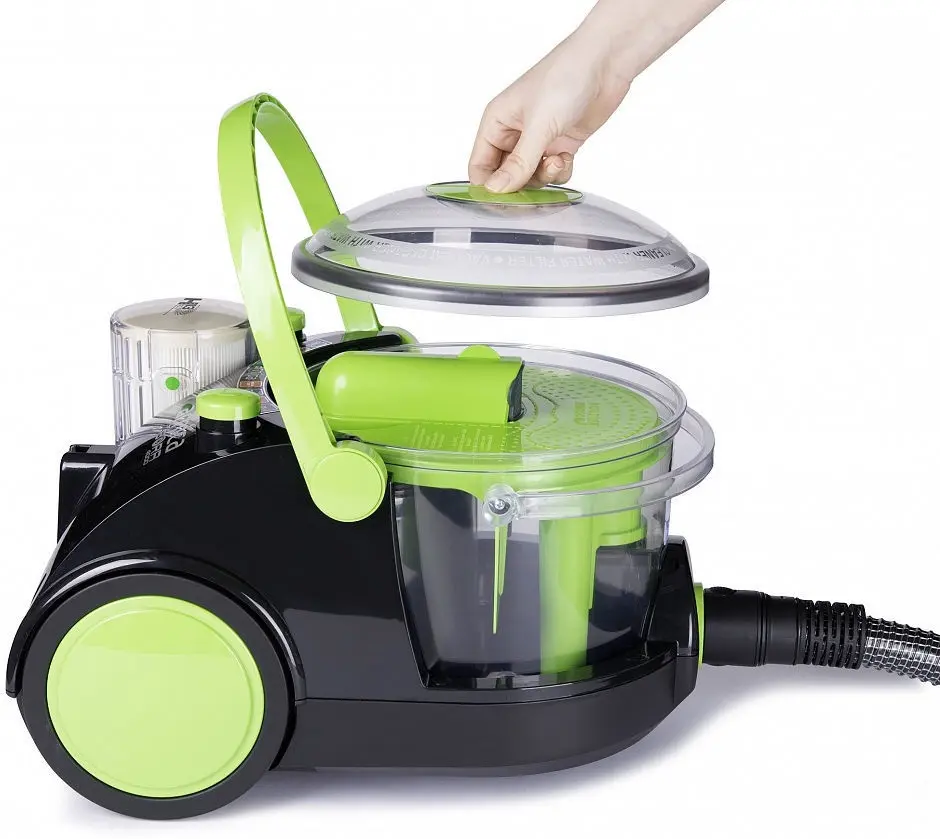 Прахосмукачка Arnica Bora 4000 с воден и хепа филтър, 2400W, Tурбочетка, Зелен, (4816): Отворен капак и контейнер