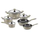 Комплект тенджери и тигани Royalty Line FD10, 10 части, Лят алуминий, Greblon мраморно покритие, Индукция, Бежов, (35945595)