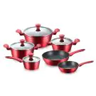 Комплект тенджери и тигани Royalty Line FD10, 10 части, Лят алуминий, Greblon мраморно покритие, Индукция, Червен, (35945594)