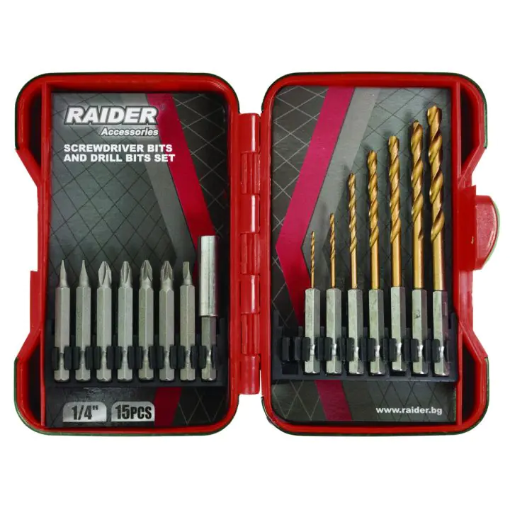 Накрайници и свредла 1/4" 15 бр. К-т RAIDER, (35925634)