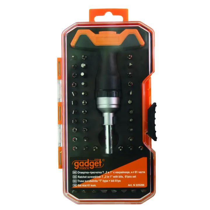Отвертка-тресчотка Т дръжка "2 в 1" с накр. к-т 61 части GADGET, (35926220)