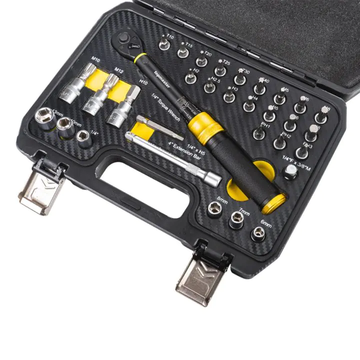 К-кт динамометричен ключ с вложки и удължител 1/4 5-25Nm Topmaster Professional, (35930693)