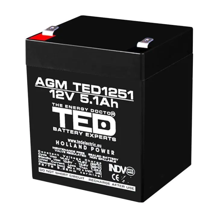 Оловна батерия TED ELECTRIC AGM, 12V, 5Ah, 90/ 70/ 10 1mm, Терминал 2, (35938286)