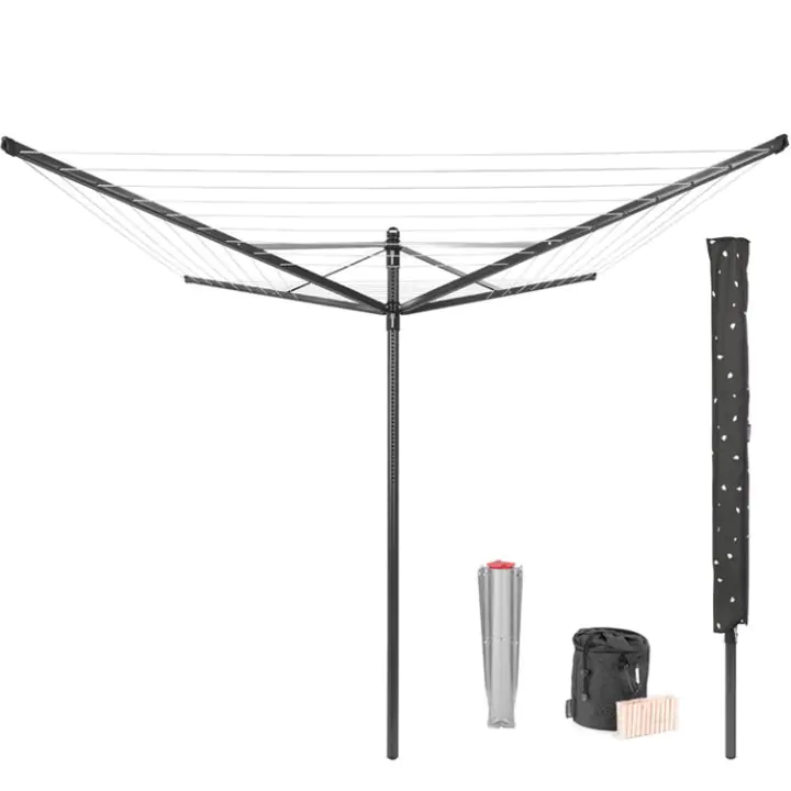 Външен простор Brabantia Lift-O-Matic 50m, метален шиш за вкопаване, калъф и торба с щипки, Anthracite, (35941971)