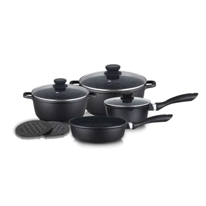 Комплект тенджери, тиган и подложки ZEPHYR ZP 4318 M9, 9 части, Мраморно покритие, Индукция, Черен, (18400)