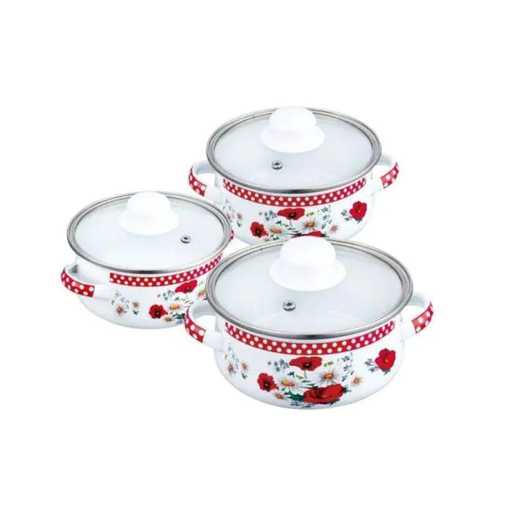 Комплект мини тенджерки PETERHOF PH 15866, 6 части, 0.5/0.75/1.25 литра, Индукция, Емайл, Бял с цветя, (18397)