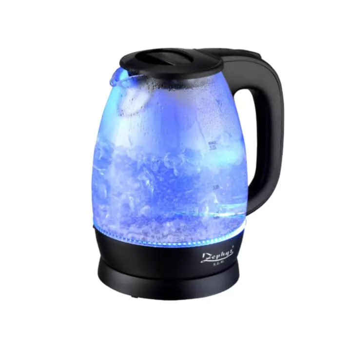 Електрическа кана с терморегулатор ZEPHYR ZP 1230 DR, 2200W, 1.7 литра, LED светлини в 4 цвята, Стъклена, Черен, (18266)