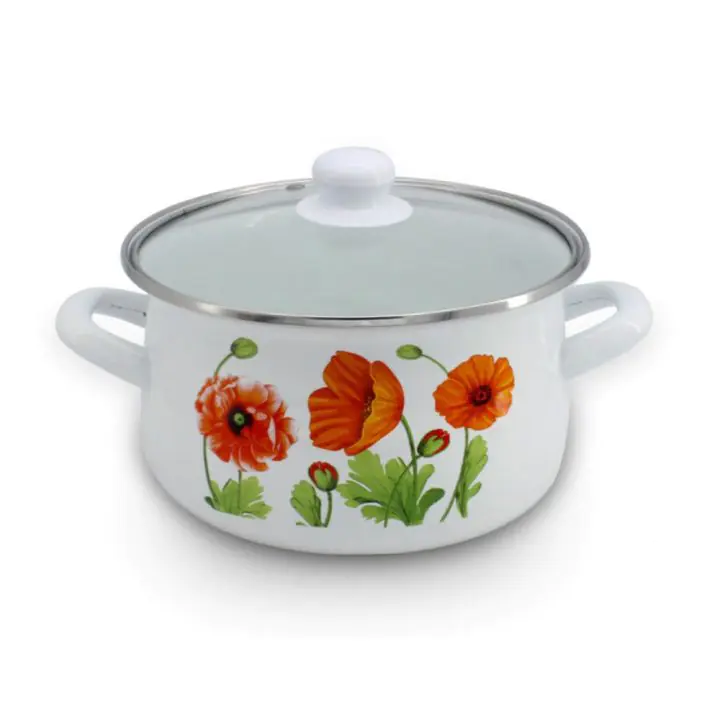 Тенджера със стъклен капак SAPIR SP 4518 I20G, 2.7 литра, 20х12 см, Емайл, Бял с декорация, (18227)