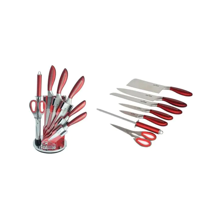 Комплект ножове с поставка ZILNER ZL 5121, 8 части, Точило, Ножици, Неръждаема стомана, Червен, (18386)