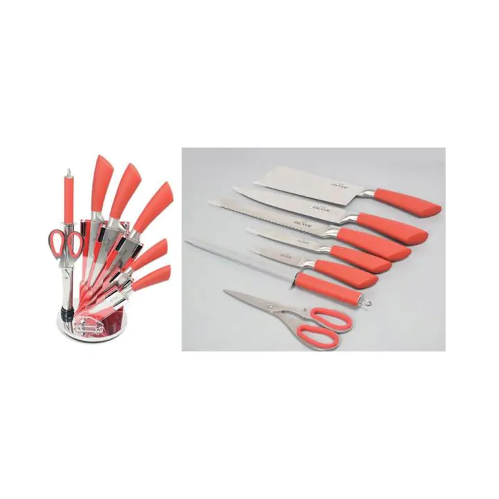 Комплект ножове с поставка ZILNER ZL 5126, 8 части, Точило, Ножици, Неръждаема стомана, Червен, (18390)