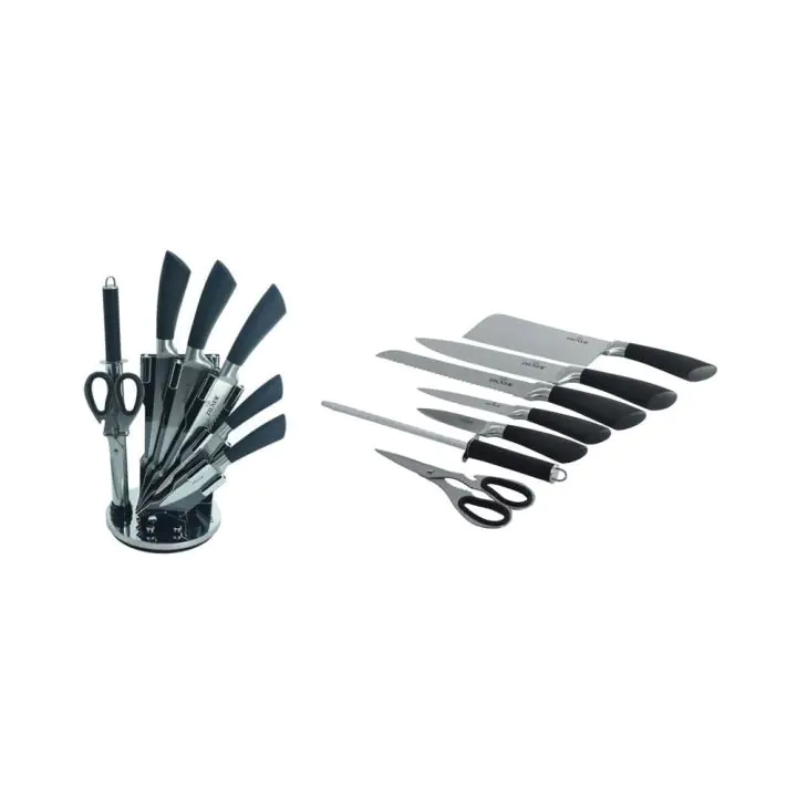 Комплект ножове с поставка ZILNER ZL 5127, 8 части, Точило, Ножици, Неръждаема стомана, Черен, (18391)