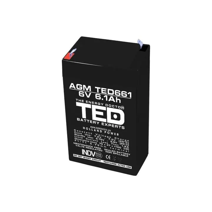 Оловна Батерия TED ELECTRIC, 6V, 6.1Ah, 70/ 47/ 100 mm, AGM, (35937588)