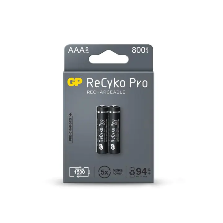 Акумулаторна Батерия GP R03 AAA 800mAh, NiMH, 85AAAHCB-EB2 RECYKO+ PRO, До 1500 цикъла, 2 бр. в опаковка, (35935526)