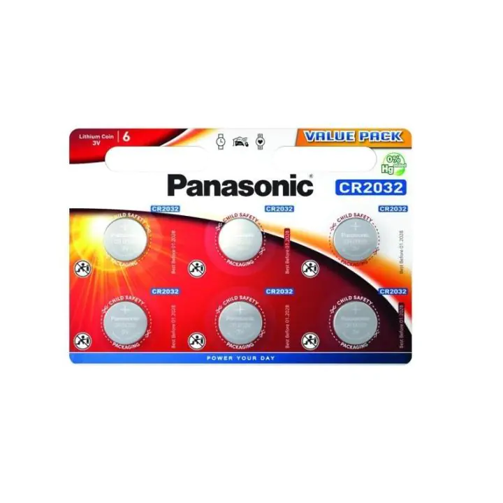 Бутонна батерия литиева PANASONIC CR2032, 3V, 6 бр. в блистер /цена за 6 бр./, (35936466)