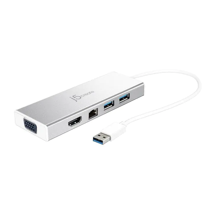 6-портов хъб j5create Mini Dock JUD380, USB 3.0, Gigabit Ethernet, HDMI, VGA, USB-B, Бял, (35935206)