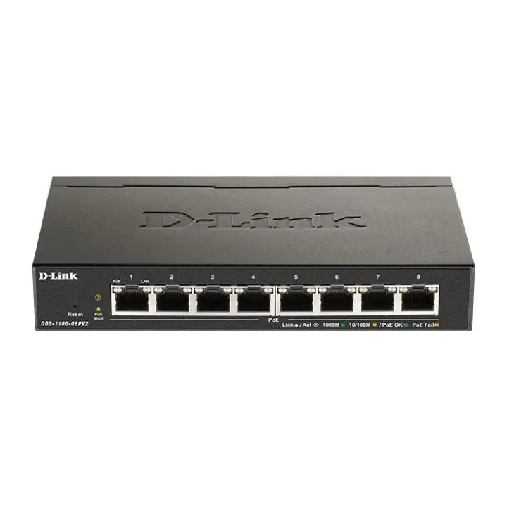 Суич D-Link DGS-1100-08PV2/E, 8 портов PoE 10/100/1000 Gigabit Smart Switch, управляем, за монтаж в шкаф, (35934514)