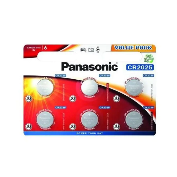 Бутонна батерия литиева PANASONIC CR2025, 3V, 6 бр. в блистер /цена за 6 бр./, (35935826)