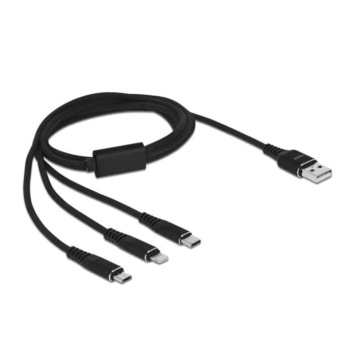 Кабел за зареждане Delock 3 в 1, USB - Lightning Micro USB- USB-C, 1м, Черен, (35934746)