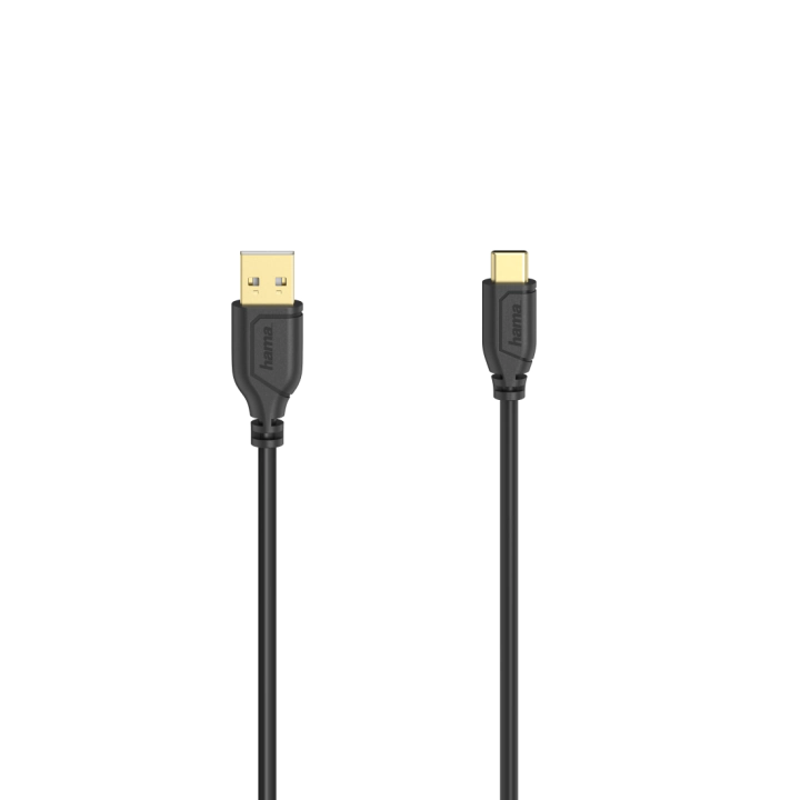 Кабел Hama Flexi-Slim USB-C - USB-A 2.0 мъжко, 0.75м,тънък, позлатен, черен, (35934402)
