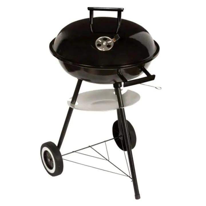 Барбекю на дървени въглища MasterGrill MG913, 42 см, Емайлирана стомана, Дървени дръжки, Долен рафт, 2 Колела, Черен/инокс, (17620)