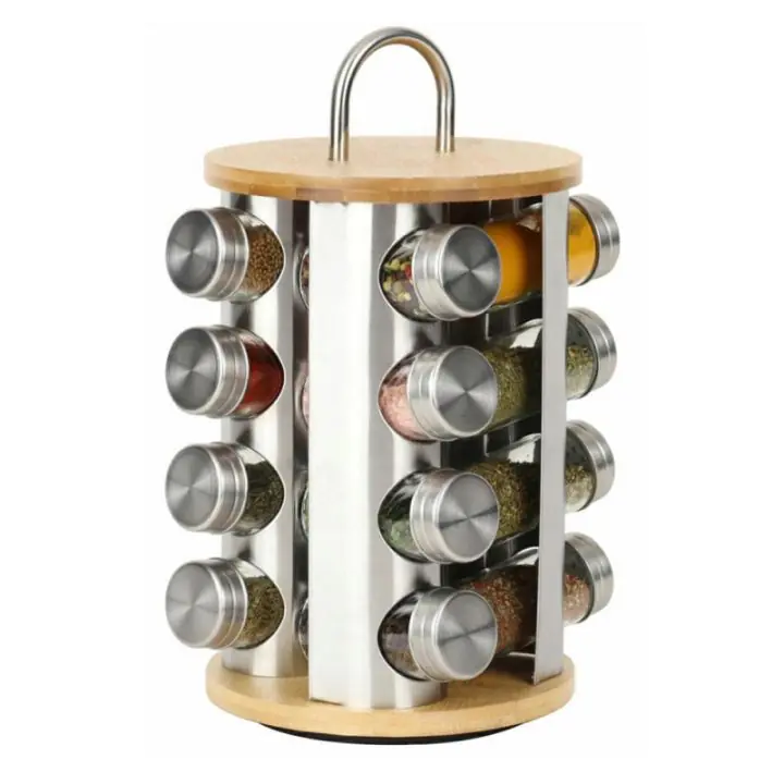 Бурканчета за подправки на стойка Klausberg KB 7553, 16бр. бурканчета, Бамбук и стомана, Инокс/кафяв, (19307)