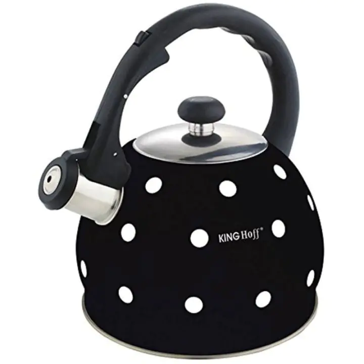 Свирещ чайник Kinghoff KH 1048, 2 литра, Топлоизолирана дръжка, Подходящ за индукция, Неръждаема стомана, Черен на бели точки, (1220420006)