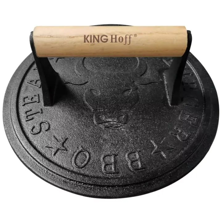 Чугунена преса за месо Kinghoff KH 1759, 18 см, Дървена дръжка, Черен, (19207)
