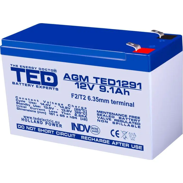 Оловна батерия TED ELECTRIC, AGM, 12V, 9Ah , 151/ 65/ 94 mm, Терминал2, (35936521)