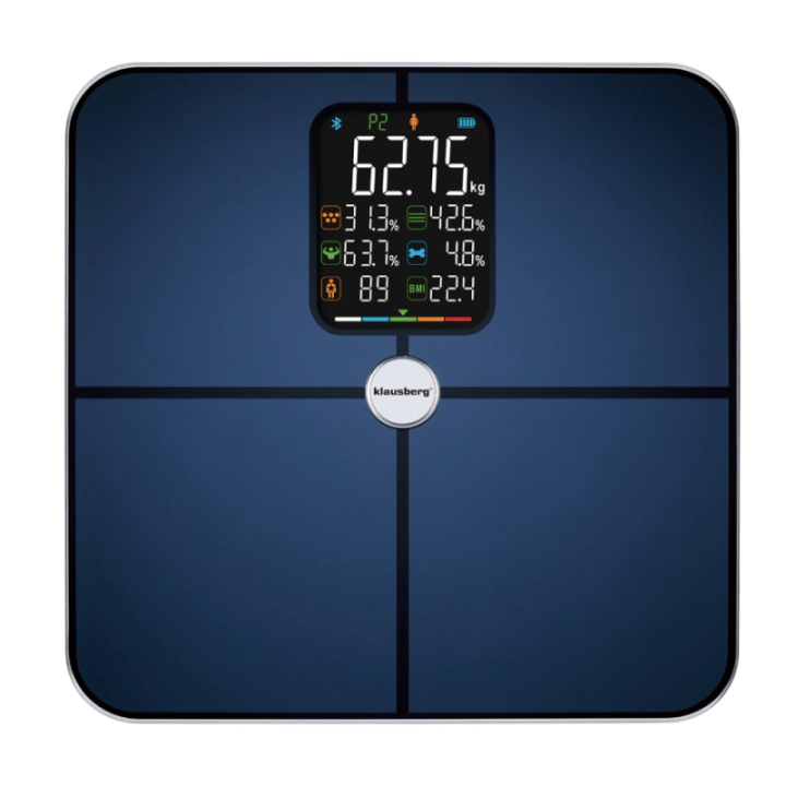 Дигитален кантар Klausberg KB 7940, 180 Kg, BIA, LCD, Bluetooth, 12 показателя, Закалено стъкло, Тъмносин, (35946031)