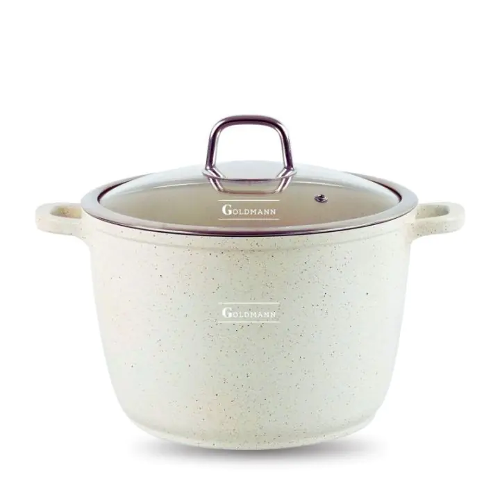 Дълбока тенджера Goldmann GM-0624B, 24 см, 6.2 л, Мраморно покритие, Стъклен капак с отвор за пара, Индукция, Бежов, (35944740)