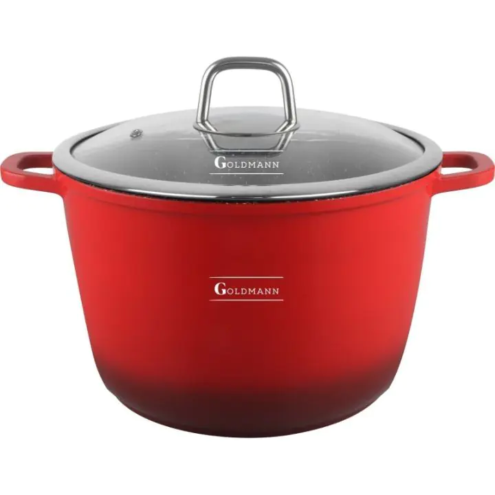 Дълбока тенджера Goldmann GM-0624R, 24 см, 6.2 л,Мраморно покритие, Стъклен капак с отвор за пара, Индукция, Червен, (35944741)