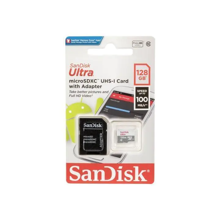 Карта памет SANDISK Ultra microSDHC UHS-I, 128GB, Class 10, 100Mb/s, Адаптер, (35934895)