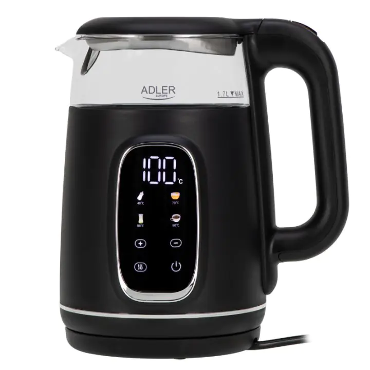 Електрическа кана Adler AD 1305 BS, 1850/2200 W, 1.7 л, Сензорен контрол, Цветен LCD дисплей, Пет температурни настройки 40-100°C, Филтър против утаяване, Черен/сив, (35946511)