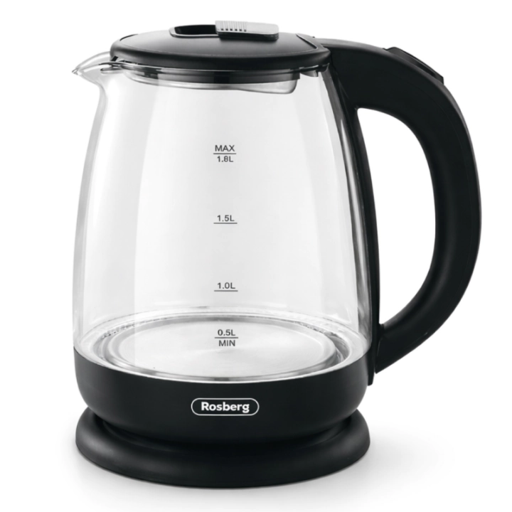 Електрическа кана за вода Rosberg R51230AE, 1500W, 1.8 л, Вграден нагревател, Стъкло, Индикатор, Черен, (35948594)
