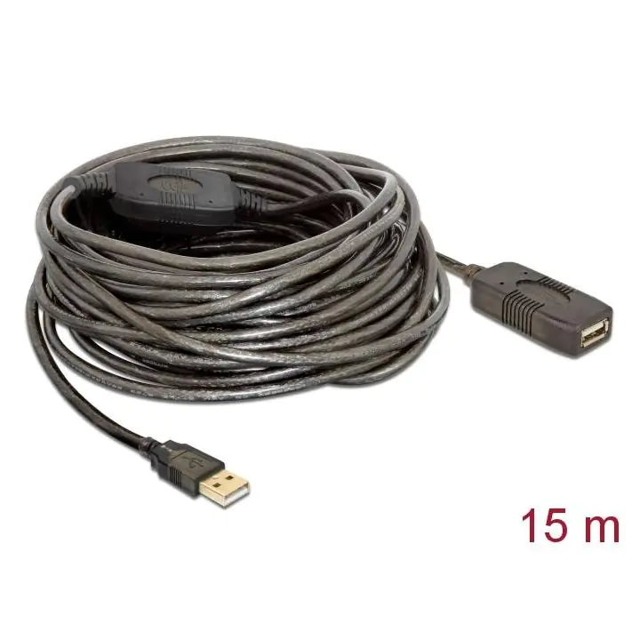 Удължителен кабел DeLock, USB-A женско - USB-A мъжко, USB 2.0, 15 м, Черен, (35936646)
