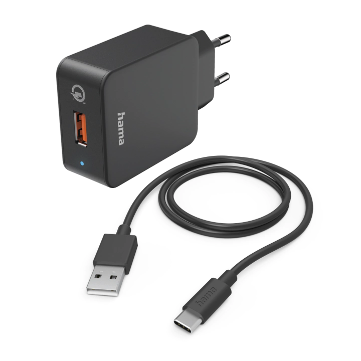 Мрежово зарядно HAMA, 220V, USB-C, Qualcomm, Quick Charge, 19.5W, Вкл. кабел, Черен, (35935739)