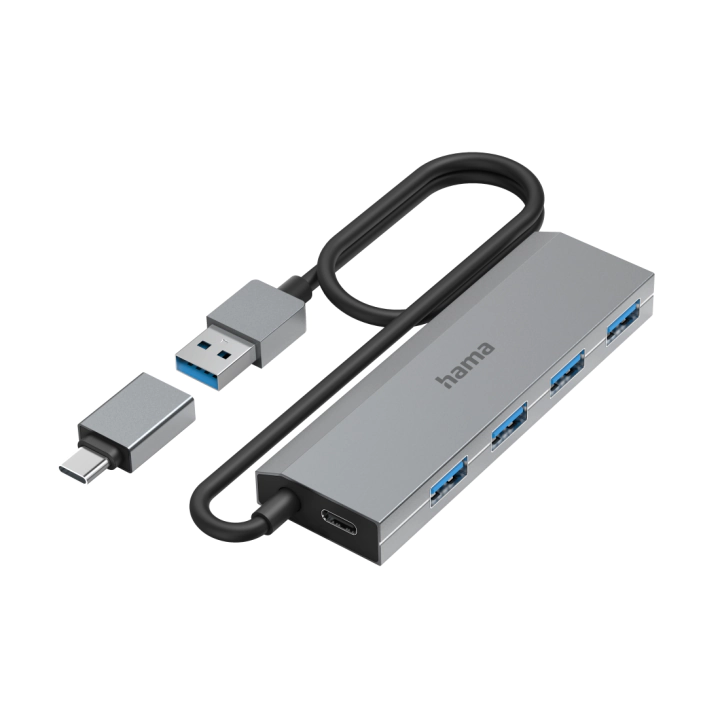 HAMA 4-портов хъб, USB 3.2 Gen 1, 5 Gbit/s, USB-C адаптер, авт. захранване, (35935982)