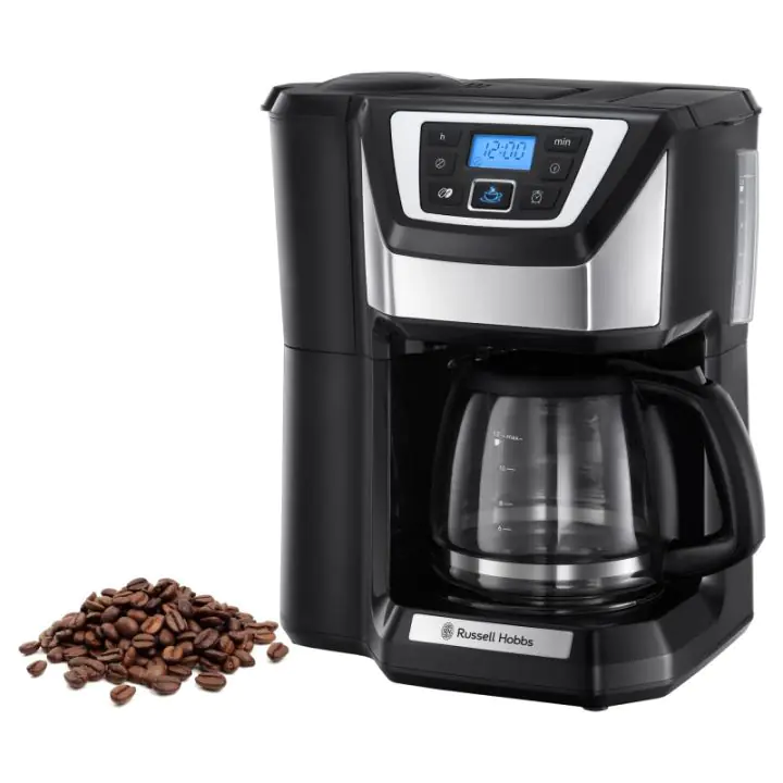 Кафемашина с вградена мелачка Russell Hobbs Victory Grind & Brew 22000-56, 1025W, 1.5 л, 250 гр, 12 чаши, Таймер, Вграден филтър, Черен/инокс, (35944728)
