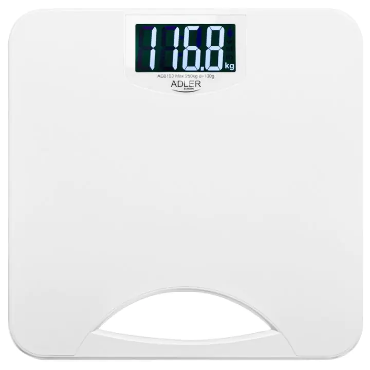 Кантар Adler AD 8193, До 250 кг, LCD, Индикатори за батерия и претоварване, Неплъзгащ се, Бял, (35946512)