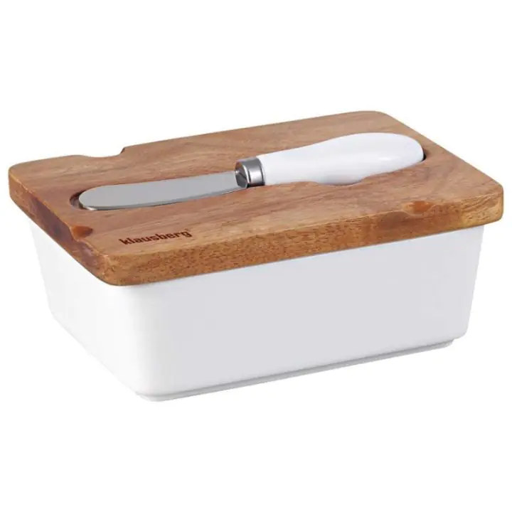 Керамична кутия за масло с нож Klausberg KB 7785, Акациево дърво, Неръждаема стомана, Бял/кафяв, (35930874)