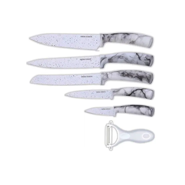 Комплект ножове и белачка SWISS ZURICH SZ 7348, 6 части, Стомана, Бял мрамор, (18393)
