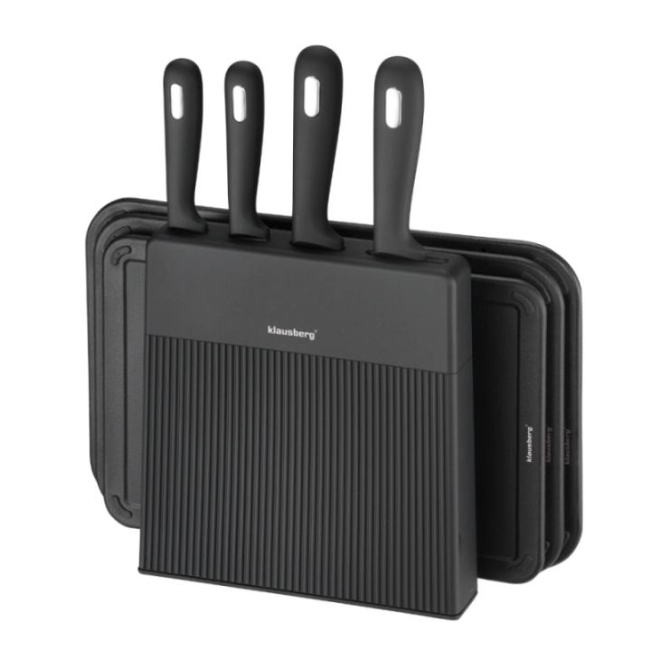 Комплект ножове и дъски за рязане Klausberg KB 7980, 8 части, Неръждаема стомана, Стойка, Черен/инокс, (35946047)