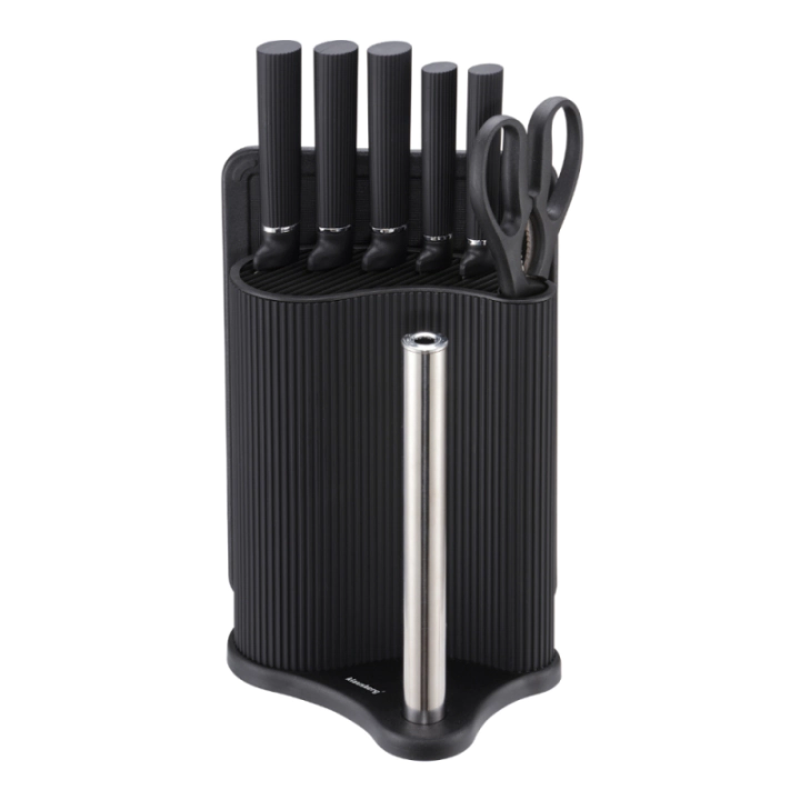 Комплект ножове Klausberg KB 7977, 8 части, Неръждаема стомана, Стойка, Държач за кухненска хартия, Черен, (35946044)