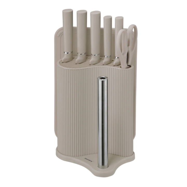 Комплект ножове Klausberg KB 7978, 8 части, Неръждаема стомана, Стойка, Държач за кухненска хартия, Бежов, (35946045)
