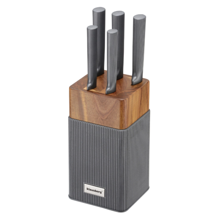 Комплект ножове Klausberg KB 7982, 6 части, Неръждаема стомана, Стойка от акациево дърво, Графит/кафяв, (35946049)