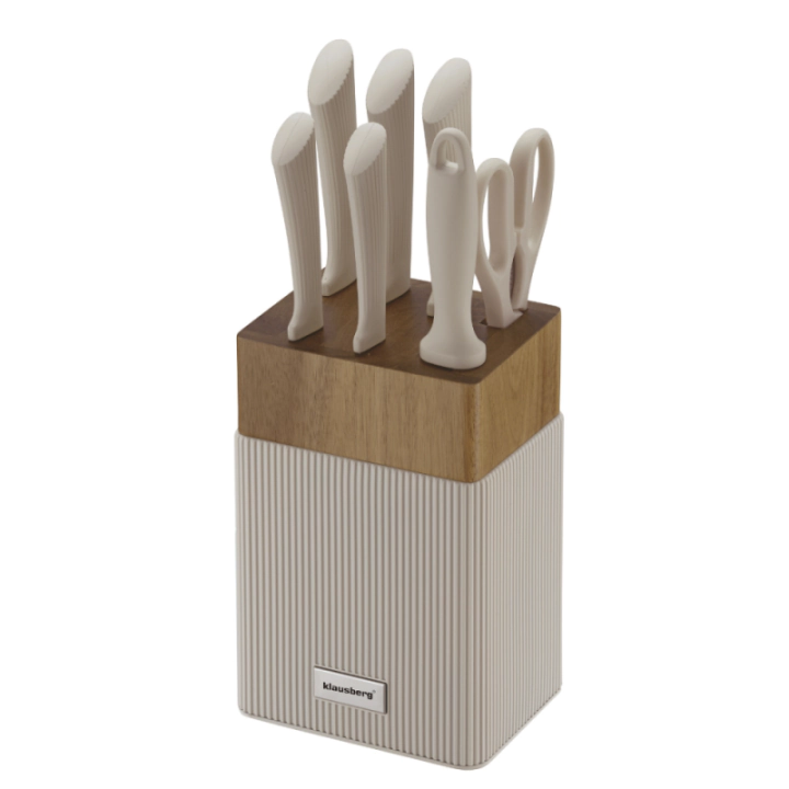 Комплект ножове Klausberg KB 7984, 8 части, Неръждаема стомана, Точило, Стойка от акациево дърво, Бежов/дървесен, (35946051)