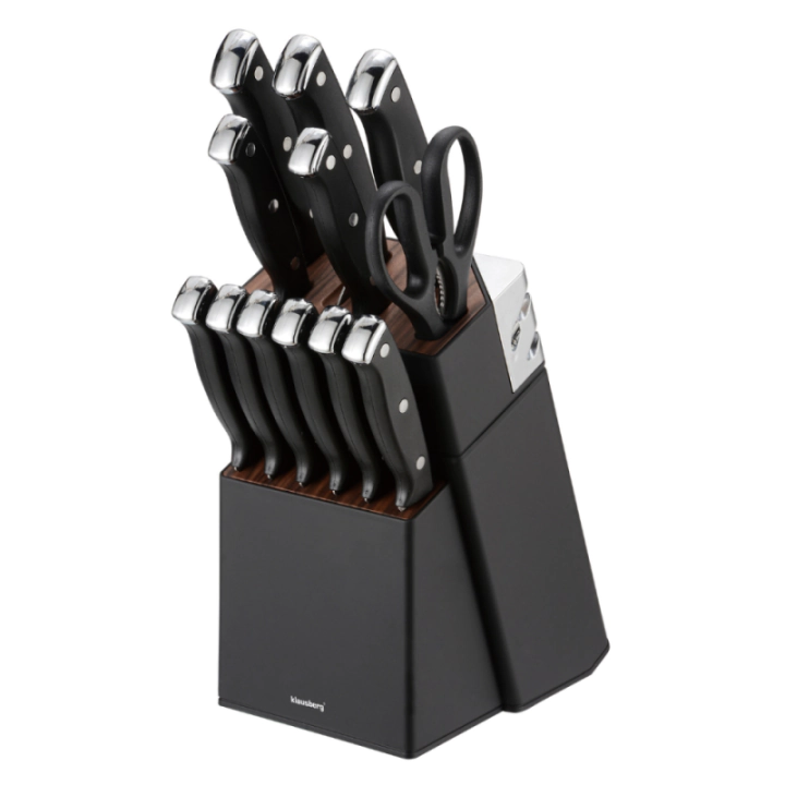 Комплект ножове Klausberg KB 7985, 13 части, Неръждаема стомана, Стойка+точило, Черен, (35946052)