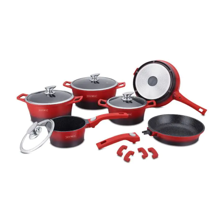 Комплект тенджери и тиган Royalty Line RL-ES2014M, 14 части, Мраморно покритие, Индукция, Червен/черен, (99ES2014MR)